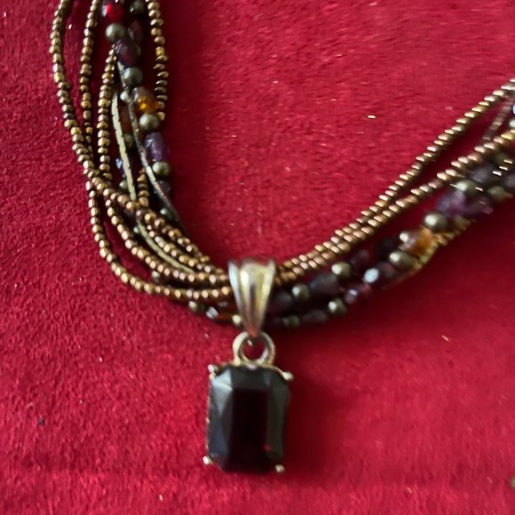 Beaded Necklace w/Dark Burgundy Crystal Pendant Adjustable - Picture 2 of 8